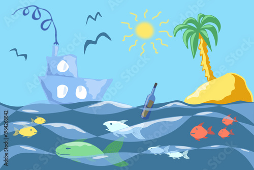 A summer seascape with a boat, an island, a palm tree, the sun, the sea, and fish. A dream of travel