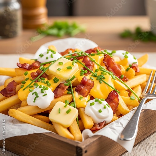 French fries with bacon and herbs.