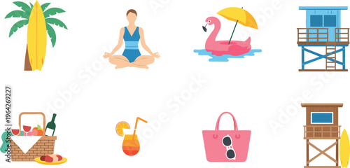 Summer Vacation Essentials Including Beach Palm Tree, Surfboard, Flamingo Float, Picnic Basket, and Relaxing on the Beach Icons