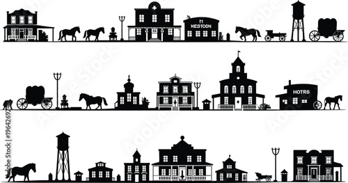 Wild west town silhouettes collection featuring cowboy buildings, horses, wagons and water towers black vector illustration isolated for vintage western design themes