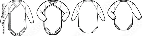 Baby bodysuit mockup set, front and back views, long sleeve infant onesie apparel template in clean line art style – vector illustration