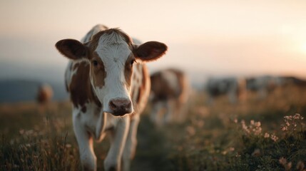Photograph of a cow standing in a field. the cow is facing the camera and is looking directly at the camera. it has a white face with brown spots and a pink nose.