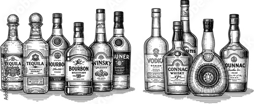 Vintage Alcohol Bottles Collection Featuring Tequila, Bourbon, Whiskey, and Vodka
