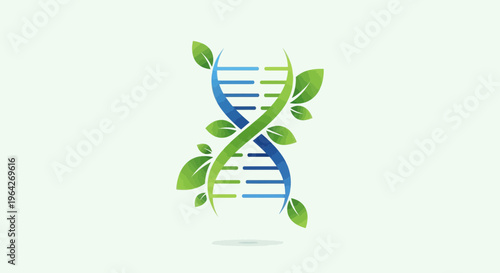 DNA Helix with Leaves – Biotechnology Nature Genetics Vector Illustration