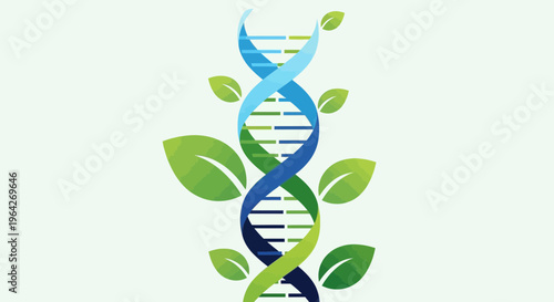 DNA Helix with Leaves – Biotechnology Nature Genetics Vector Illustration