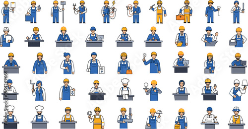Worker and Tradesperson Character Set Including Builders, Engineers, Electricians, and Chefs for Occupation, Job, and Professional Designs