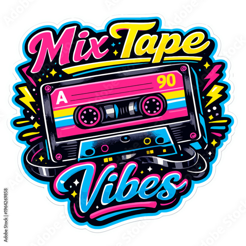 Retro 80s-Inspired Sticker Featuring a Vintage Cassette Tape with the Phrase “Mix Tape Vibes” in Bold Retro Typography | Bright Neon Color Palette of Pink, Yellow, and Blue for Fun, Nostalgic Appeal