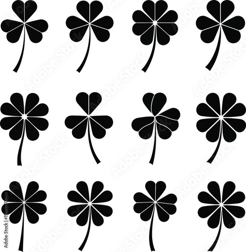 Collection of black clover leaf with varying petal counts and arrangements shamrock symbol