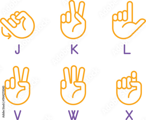 American sign language alphabet signs for letters j, k, l, v, w, and x