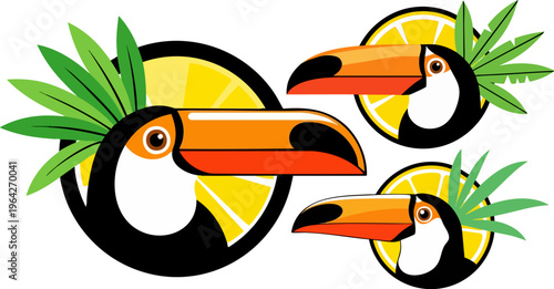 Tropical toucan bird logo set, exotic summer bird with lemon slice and palm leaves, colorful toucan vector icons for juice and travel branding