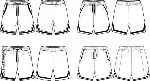 Basketball shorts technical drawing set, front and back views, elastic waistband design, sportswear apparel outline, athletic uniform template – vector illustration
