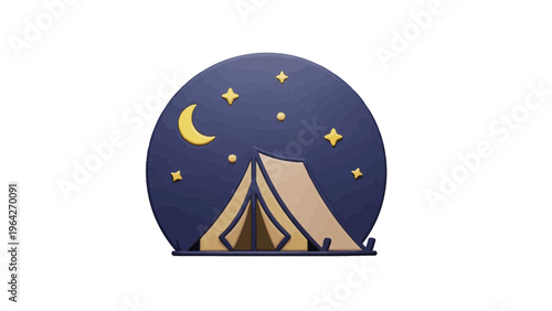 A vector illustration of a tent on the night view featuring a stylized yacht design under a starry night sky for a holiday travel card.