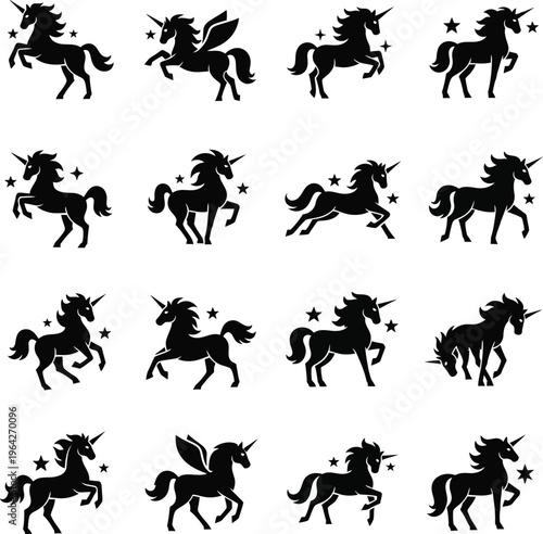 Collection of black silhouette unicorns and pegasus with stars white background