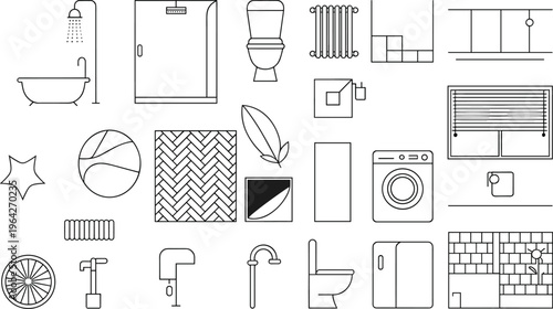 Bathroom fixtures and household objects icon set, plumbing elements and interior equipment symbols, minimalist line design – vector illustration