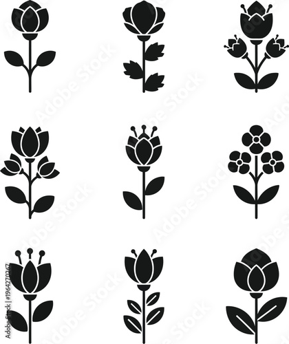 Nine black stylized flower with stems and leaves on white background silhouette