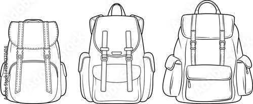 Backpack collection set, modern school and travel bags, front views with straps and pockets, detailed templates – vector illustration