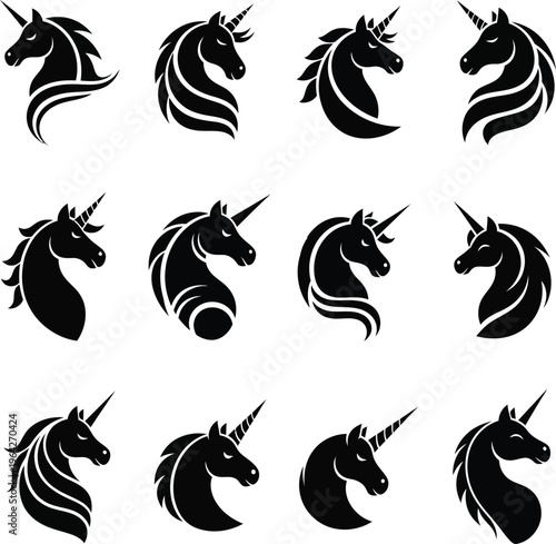 Twelve black unicorn head with flowing manes and horns on a white background horse mythical creature