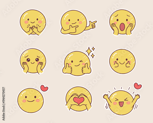 A collection of cute kawaii smiley emoji stickers featuring various facial expressions and hand gestures such as love, peace sign, laughter, and happiness.