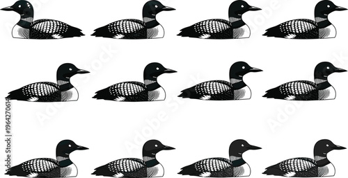 Flying duck and marsh grass silhouettes set isolated on white background, black waterfowl mallard and wetland vegetation vector illustration for professional nature graphic design.