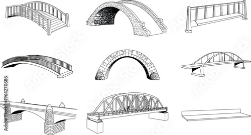 Bridge collection set with various architectural styles, isometric and side views, civil engineering design elements – vector illustration