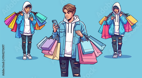 Anime style young man shopping with colorful bags and smartphone, male character holding many shopping bags, consumerism and retail vector set