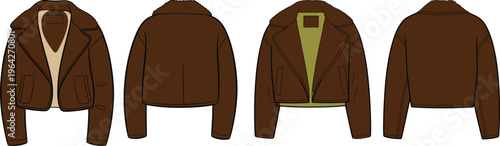 Brown leather jacket set, front and back views, classic fashion outerwear design, minimal flat style clothing mockup – vector illustration