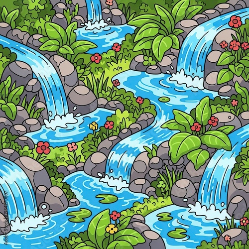 Colorful Stream Waterfall Flowing Through Lush Green Plants and Rocks in Nature Scene