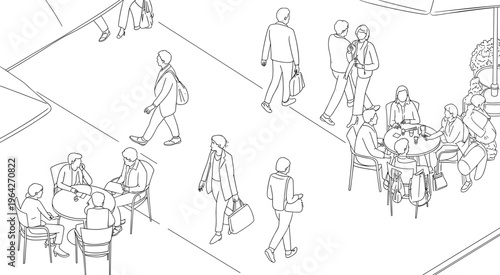 Busy urban street with walking people and outdoor café meetings, business discussions and social interactions city life scene – vector illustration