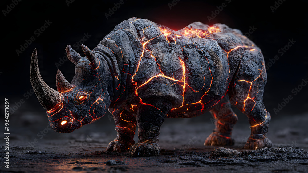 Fototapeta premium Futuristic lava rhinoceros with glowing cracks in dark setting