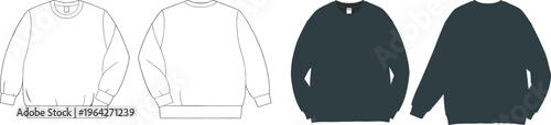 Front and back sweatshirt mockup with outline sketch and filled design, modern casual apparel vector illustration for fashion template, clean style