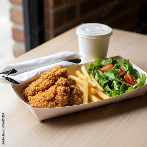 Fried chicken, fries, and green salad.