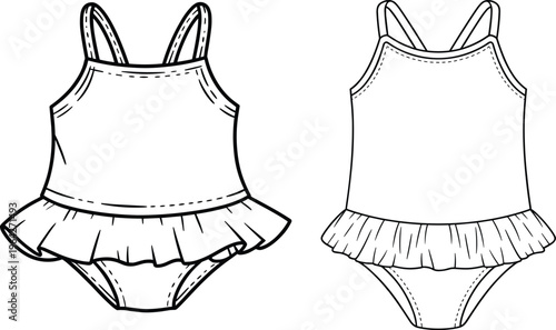 Girls ruffle swimsuit set with straps, front and back views, cute kids swimwear design, minimalist line art clothing – vector illustration