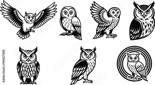 Owl silhouettes and detailed bird set isolated on white background, black predatory avian flying and perched vector illustration, diverse owl poses for professional wildlife design.