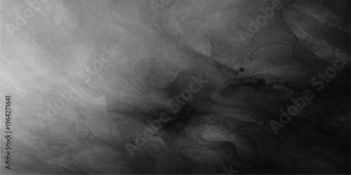 Abstract hand painted black and white background featuring a dark moody texture of swirling smoke, grey fog, and white mist in a smooth motion