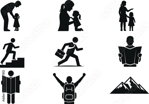 People and family silhouettes set isolated on white background, black businessman traveler and parent vector illustration, diverse human activities for professional lifestyle graphic design.