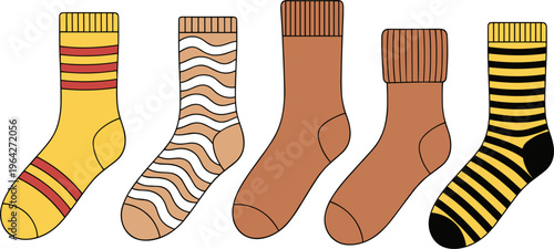 Colorful Socks Icon Set with Striped and Patterned Designs, Cozy Fashion Footwear, Casual Apparel Illustrations, Flat Cartoon Style, and Vector Clothing Elements