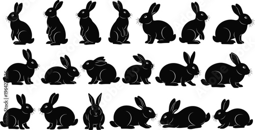 Rabbit silhouettes set isolated on white background, black bunny hare standing sitting and crouching vector illustration, diverse animal poses for professional nature and spring design.