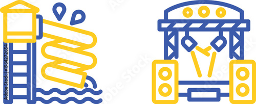 Amusement park attractions featuring a water slide and roller coaster