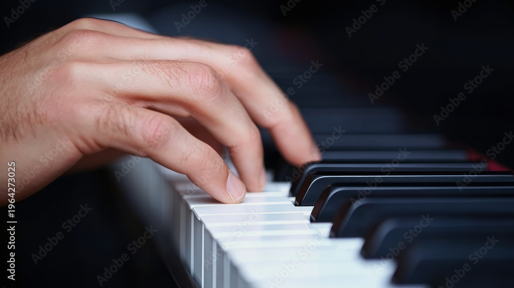 Fototapeta premium melodic piano moment musician playing acoustic piano keyboard close up melodic notes classical music performance artistic sound