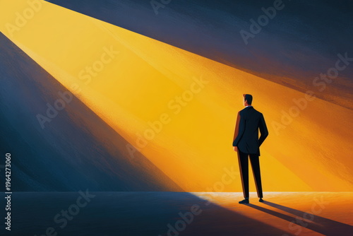 professional standing golden light vision of success inspiration leadership ambition achievement visionary leader scene