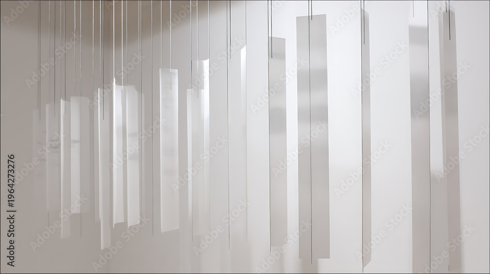 Fototapeta premium Abstract minimalist art installation with white rectangular panels hang from thin lines, creating soft shadows and a sense of movement in modern decor