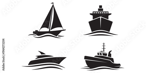 Collection of boat and ship silhouettes including sailboat yacht and cargo vessel
