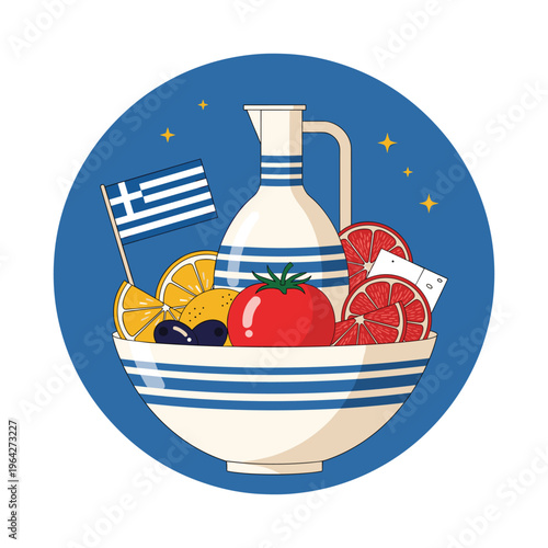 Greek Food Illustration: Fresh Produce and Flag in a Bowl