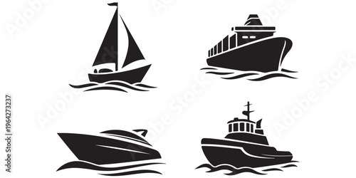 Collection of boat and ship silhouettes including sailboat yacht and cargo vessel