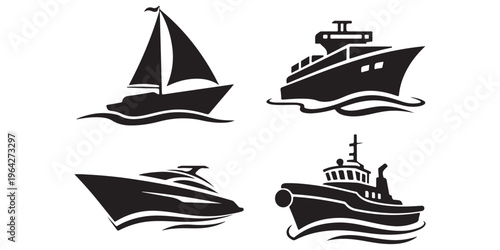 Collection of boat and ship silhouettes including sailboat yacht and cargo vessel