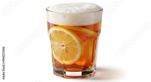 Glass of orange drink with foam.