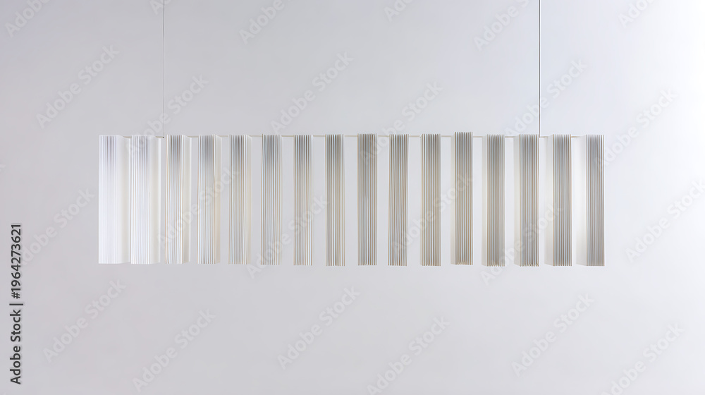Fototapeta premium Modern linear pendant light with translucent vertical elements, creating a minimalist aesthetic against a clean white background in a studio shot