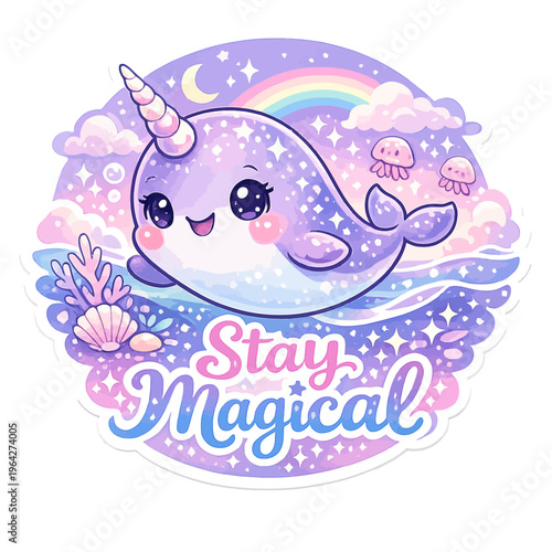 Whimsical Narwhal Sticker Featuring a Cute Narwhal Swimming in the Ocean with the Phrase “Stay Magical” in Playful, Dreamy Font | Pastel Color Palette of Purple, Pink, and Blue for a Soft, Aquatic