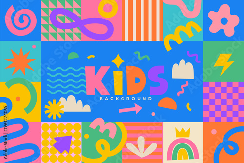 Kids background, fun hand drawn doodle shapes and squiggles in childish style on geometric background. Colorful drawings, collage elements. Childish design for packaging, wallpaper and print. Vector