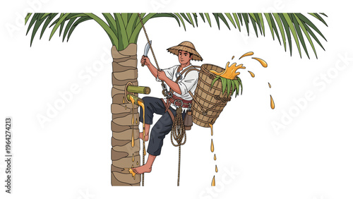Palm Tree Harvester: A man harvests palm sap, a traditional practice showcasing skill and hard work. Capturing the essence of a manual profession in a tropical setting.
